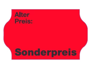 Etiketten für METO Handauszeichner, 32x19mm, Sicherheitsstanzung, Leuchtrot, "Alter Preis:" "Sonderpreis" / 6 Rollen á 1.000 Stück